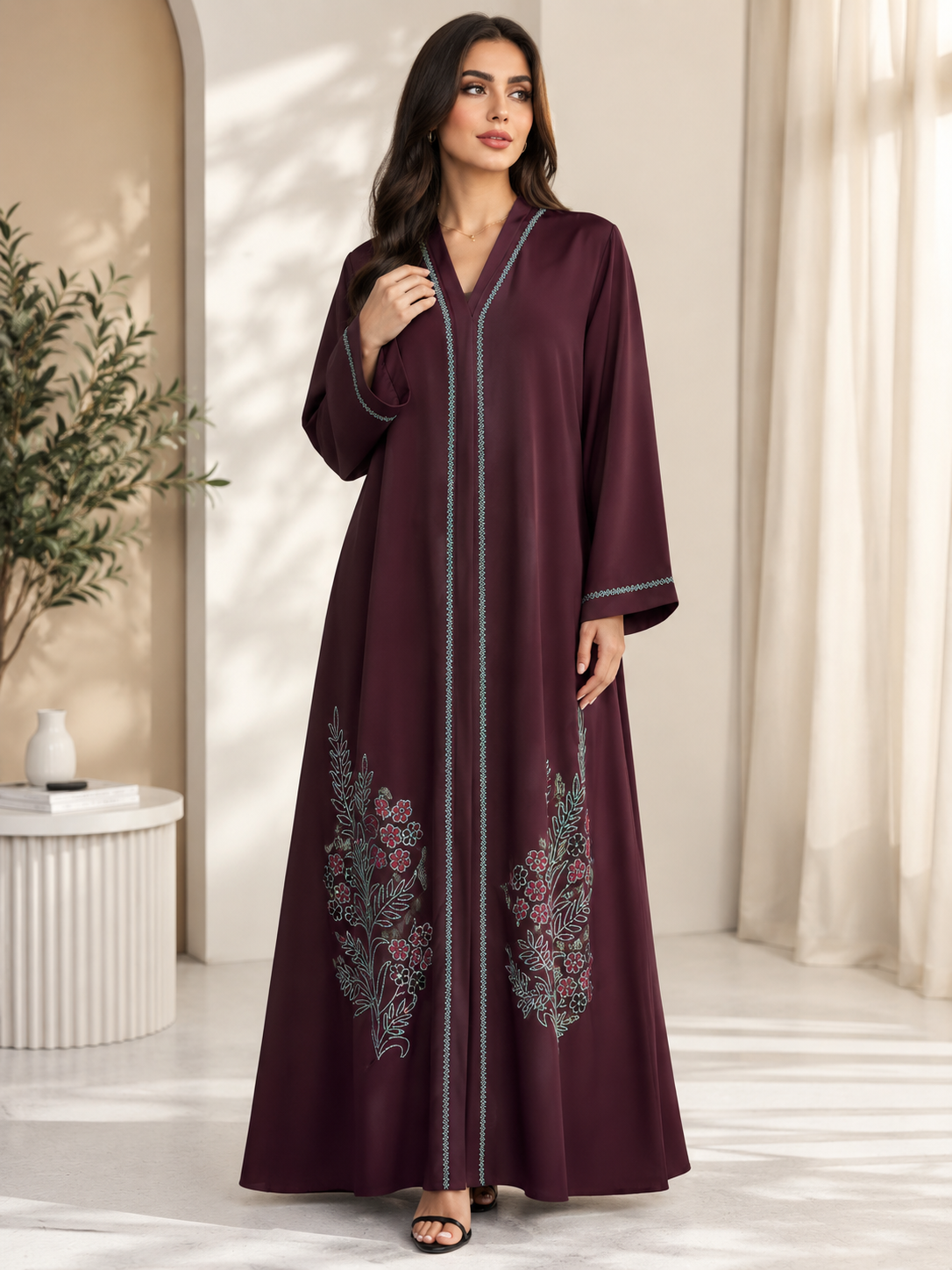 Maroon Embroidered Abaya